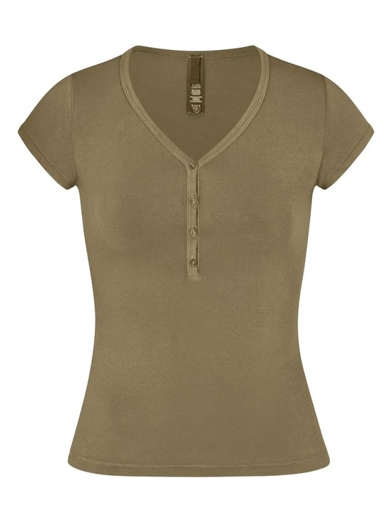 SKIMS Tops - New Skims Army Green Olive Henley V-Neck Short Sleeve Top Small